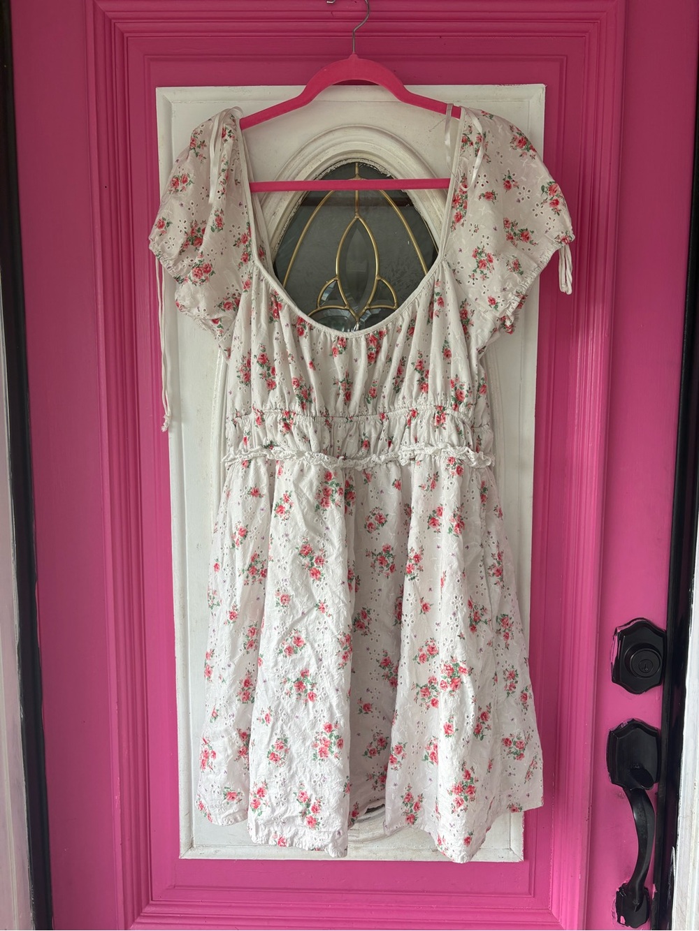 Floral Ivory Summer Dress with Pink Rose Print